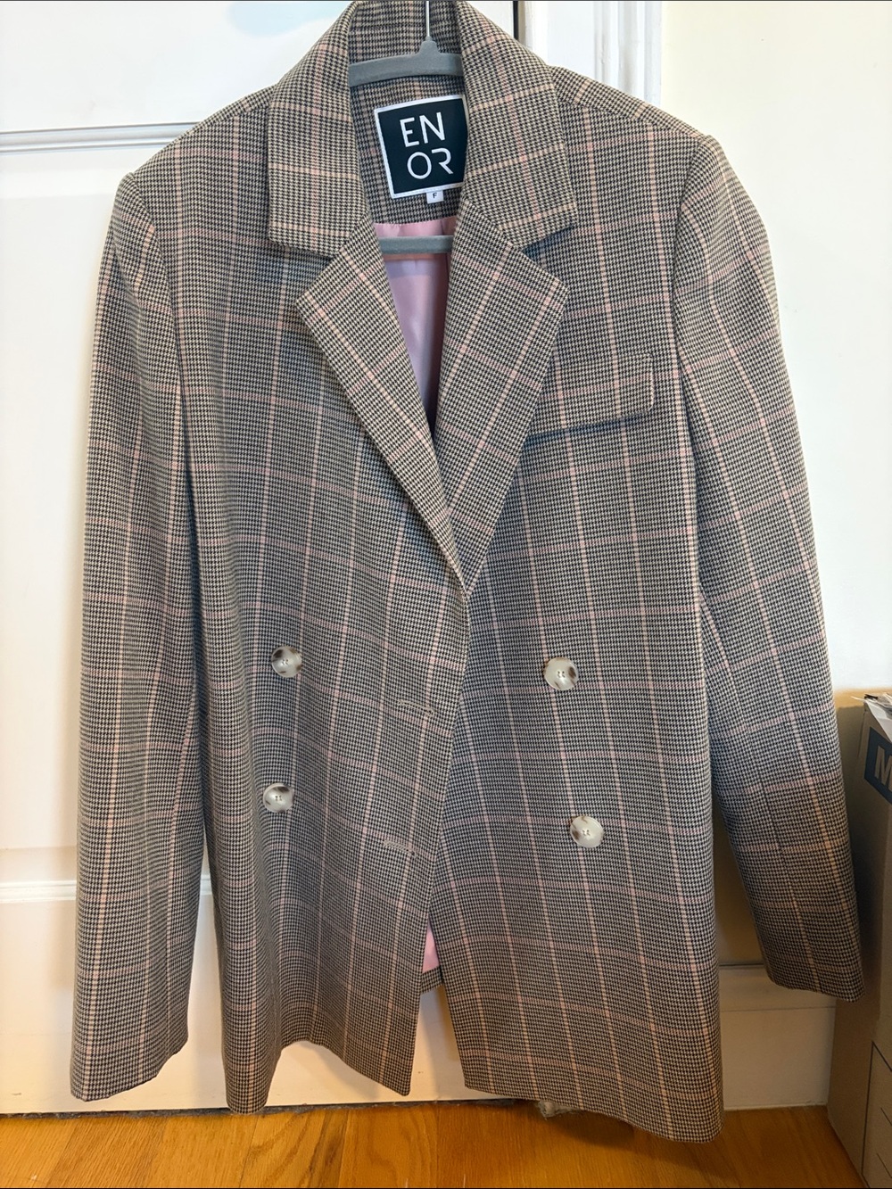 Pink-Accented Plaid Double-Breasted Blazer